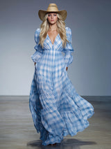 Loose V-neck Plaid Chiffon Long-sleeved Maxi Dress