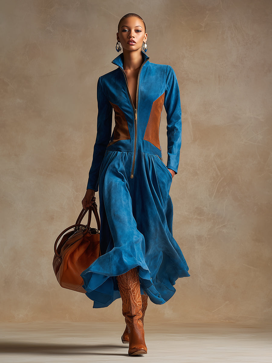 Vintage And Elegant Blue And Brown Faux Suede Patchwork Maxi Dress