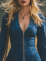 Retro Western Style Zippered V-neck Mini Denim Dress