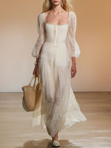 Stylish And Elegant White Square-neck Chiffon Maxi Dress