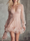 Elegant Fashion Flowing V-neck Ruffled Hem Light Pink Chiffon Mini Dress