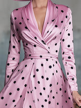 Vintage Pink Satin Polka Dot V-neck Midi Dress