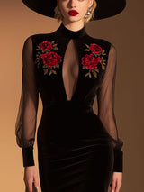 Elegant And Sexy Black Mesh And Velvet Midi Dress