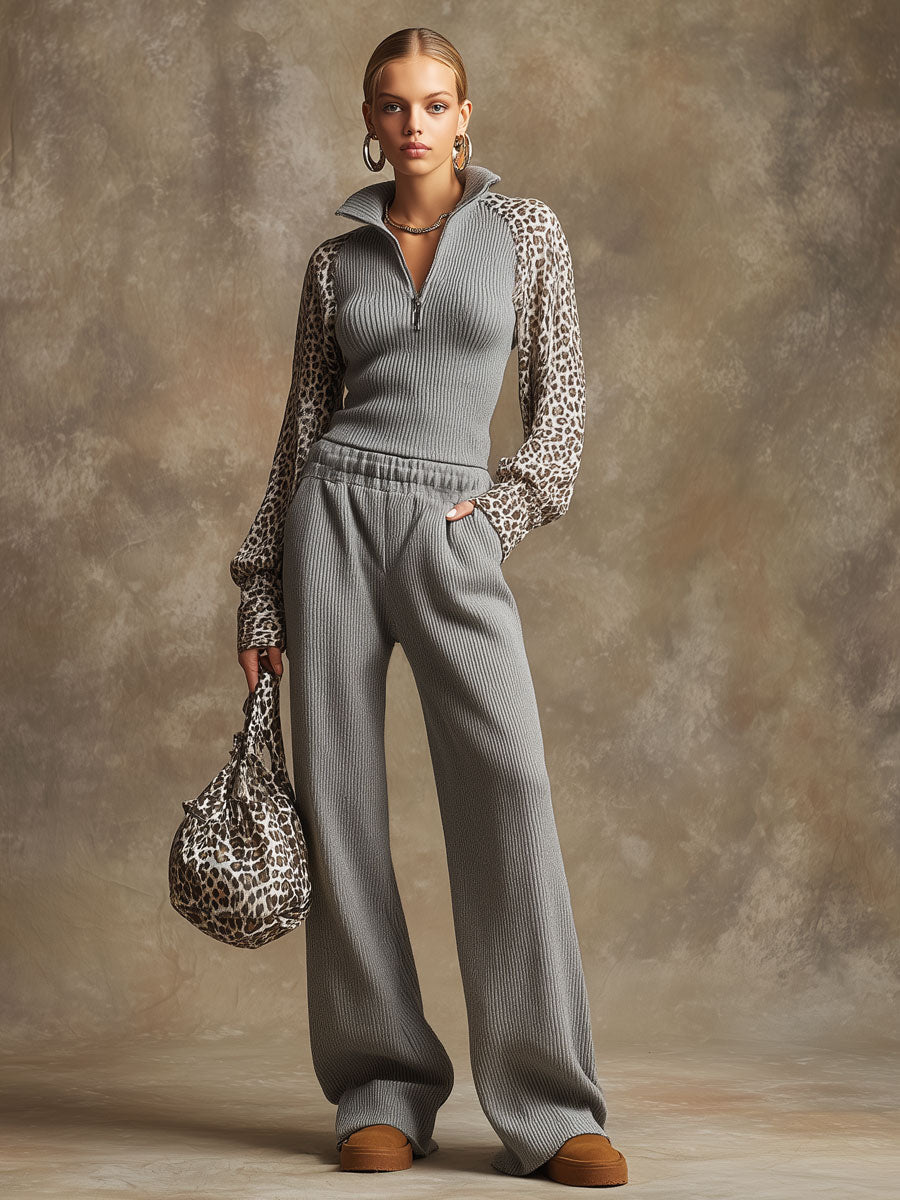 Sporty Retro Leopard Print Chiffon Long-Sleeved Gray Knit Top And Wide-Leg Pants Set