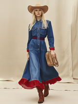 Retro-chic Ribbed Waist And Red Ruffled Hem Denim Maxi Dress