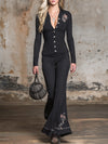 Black Button-up Top And Flared Trousers Set With Exquisite Embroidery.