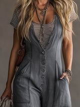 Casual Loose-fitting Button-up Gray Denim Jumpsuit Overalls