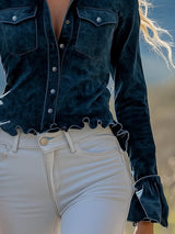 Vintage Casual Navy Ruffled Suede Shirt