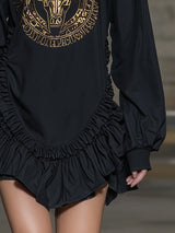 Stylish Black With Bull Head Print And Ruffled HemMini Dress