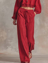 Elegant Retro Sporty Lapel Front Zipper Lace Trim Red Washed Cotton Sweatshirt And Pants Set
