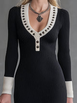 Black Knitted Mini Dress With White U-neck Studded Fur Trim