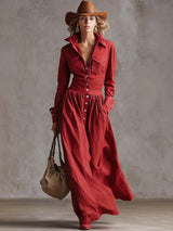 Exquisite Retro Western Lapel Front Button Red Windbreaker Style Cotton And Linen Maxi Dress