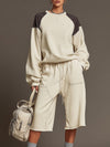 Sporty Retro Crew Neck Color Block Beige Cotton Sweatshirt And Shorts Set