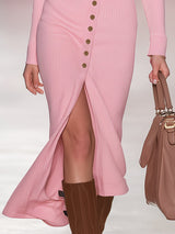 Fashionable Pink V-neck Button-down Knit Slit Midi Dress
