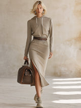 Casual Sporty Khaki Slit Midi Dress