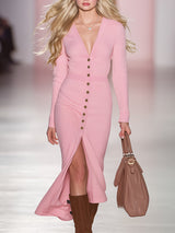 Fashionable Pink V-neck Button-down Knit Slit Midi Dress