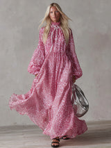 Loose-fitting Leopard Print High-neck Long-sleeved Maxi Dress