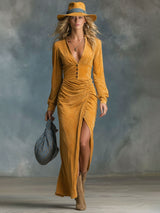 V-neck Button-down Ruched Split Hem Faux Suede Long-sleeved Midi Dress