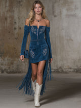 Off-the-shoulder Zippered Embroidered Fringed Faux Suede Long-sleeved Mini Dress