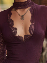 Elegant Burgundy V-neck Long-sleeved Lace Top