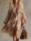 Elegant Vintage Western Ruffled V-neck Leopard Print Beige Chiffon Mini Dress