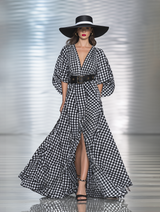 High-end Chic Black And White Checkered Ruched Sleeve Cotton Maxi Dress