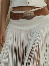【24-hour shipping out】Retro Premium Western Style Brown Belt White Suede Tassel Skirt