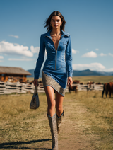 Western-style Blue Denim Patchwork Mini Dress With Leopard Print Accents