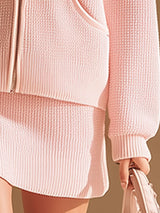Casual Sporty Pink Hooded Zip-up Waffle-knit Top And Skirt Set