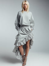 Casual And Stylish Loose-fitting Light Gray Sweatshirt With Ruffled Trim And Irregular Skirt Set