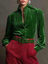 Retro Green Velvet Pleated Long-sleeved Shirt And Houndstooth Wide-leg Pants Set
