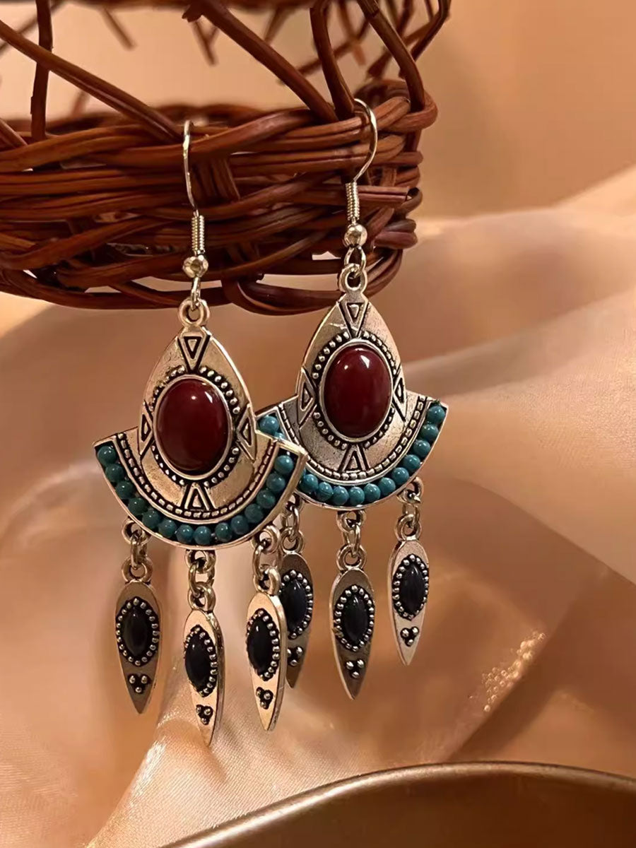 Retro Ethnic Style Turquoise Tassel Pendant Earrings