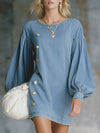 Round Neck Puff Sleeve Metal Button Denim Mini Dress