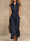 Retro Casual Zipper Stand Collar Sleeveless Midi Dress