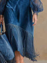 Elegant Silhouette Blue Faux Suede Tassel Tulle Long-sleeved Midi Dress