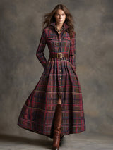 Retro Ethnic Style Lapel Reddish Brown Plaid Maxi Dress