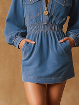 Retro Half-zip Elastic Waist Blue Denim Long-sleeved Mini Dress