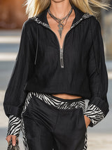 Stylish Black Cotton And Linen Blend Top And Pants With Zebra Print Set