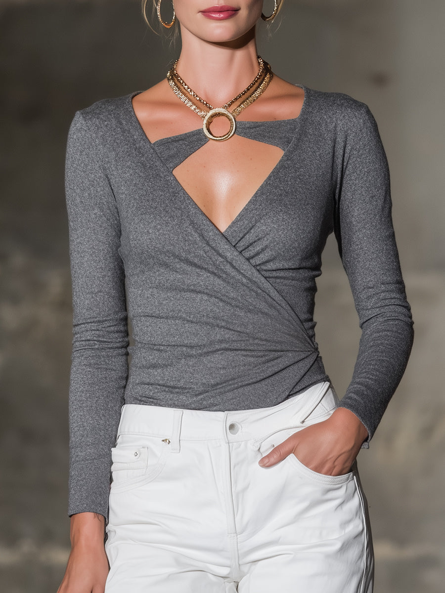 Elegant Grey Knit High-elastic Patchwork With Gold TrimTop