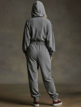 Sporty Retro Letter Webbing Dark Gray Pure Cotton Long-Sleeved Hooded Jumpsuit
