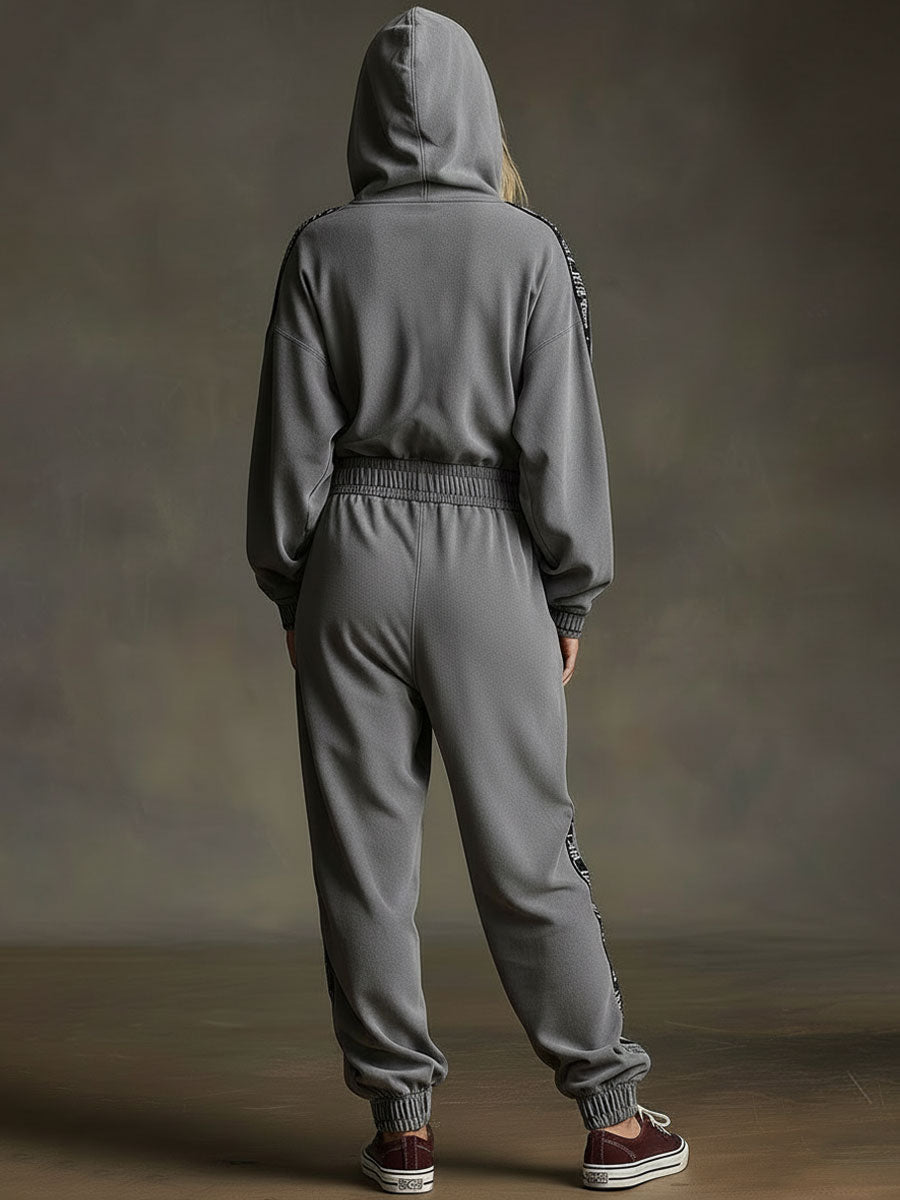 Sporty Retro Letter Webbing Dark Gray Pure Cotton Long-Sleeved Hooded Jumpsuit