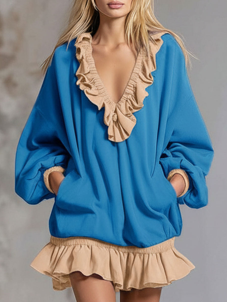 Sporty Color-blocked Ruffled V-neck Long-sleeved Mini Dress