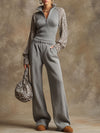 Sporty Retro Leopard Print Chiffon Long-Sleeved Gray Knit Top And Wide-Leg Pants Set