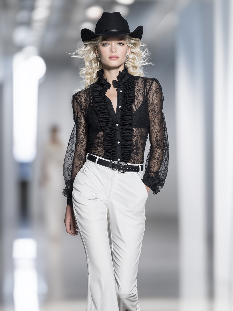 Exquisite And Stylish Ruffled Placket Black Lace Shirt