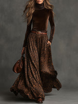 Vintage Turtleneck Velvet Top And Leopard Print Skirt Set