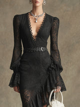 Fashionable Retro Long-sleeved Black Lace Ruffled Slit Maxi Dress