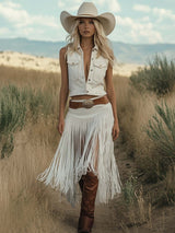 【24-hour shipping out】Retro Premium Western Style Brown Belt White Suede Tassel Skirt