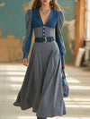 Retro Casual Denim V-neck Gray Maxi Dress