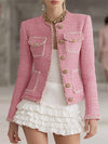 Designer Pink Tweed Patchwork White Trim Button Jacket