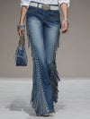 Western Blue Denim Side Tassel Rivet Flared Pants